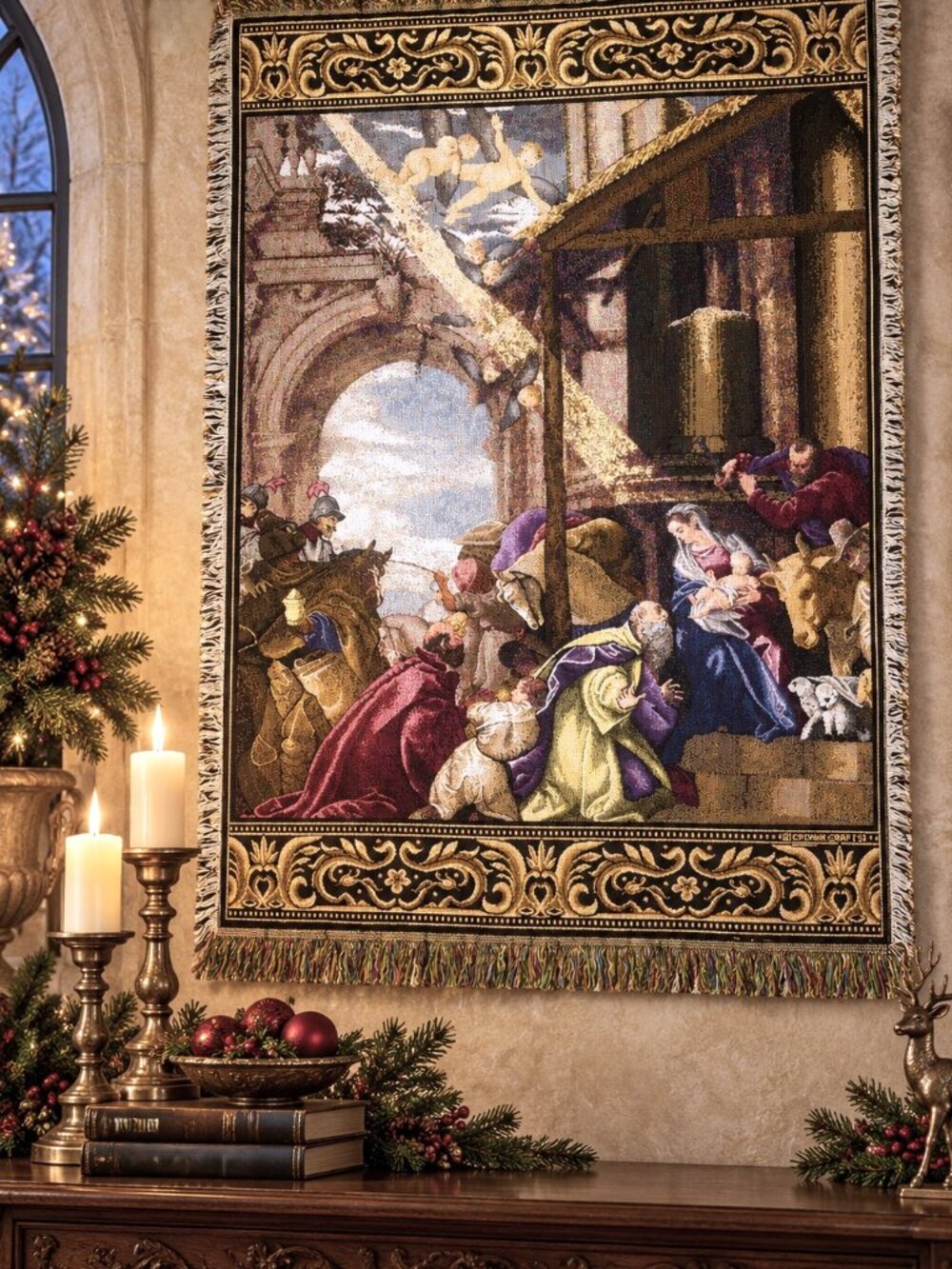 Vintage 1990 Crown Crafts Jacquard Woven Nativity Tapestry Throw 40x60 Christmas